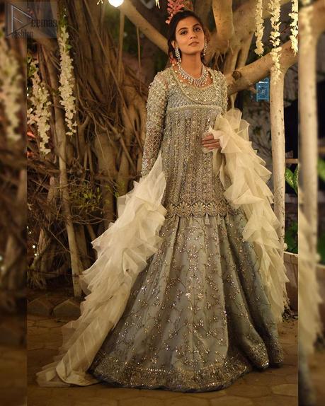 Grey Lehenga Peplum – Ivory Ruffled Dupatta for Nikah