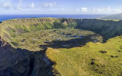 Aerial view of volcanic caldera in Easter Island, Valparaíso, Chile, South America