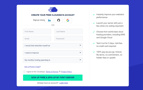 cloudways create account