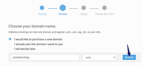 inmotion hosting choose a domain