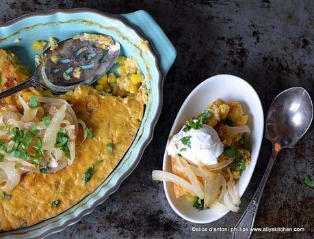 cumin corn soufflé cilantro & caramelized onions