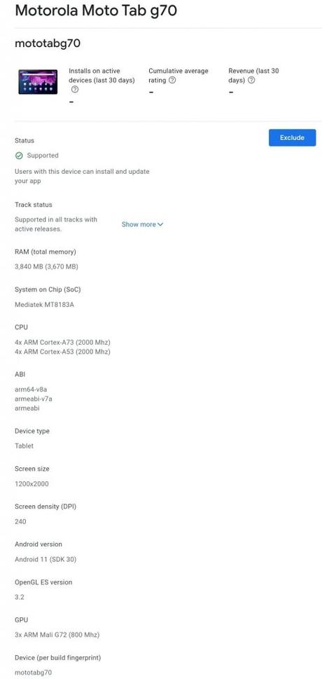 Motorola Moto Tab G70 spotted on Google Play Console, key specifications revealed