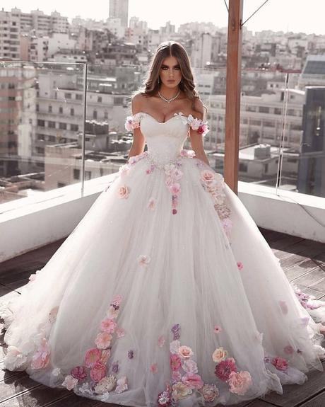 sweetheart neckline wedding dress ball gown off the shoulder floral appliques said mhamad