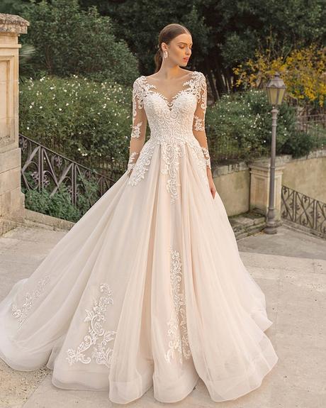 sweetheart neckline wedding dress a line with illusion long sleeves lace blush lussanobridal