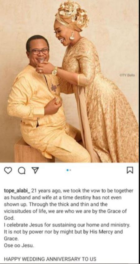 Singer, Tope Alabi Celebrates 21 years Marriage ceremony Anniversary With Her Husband