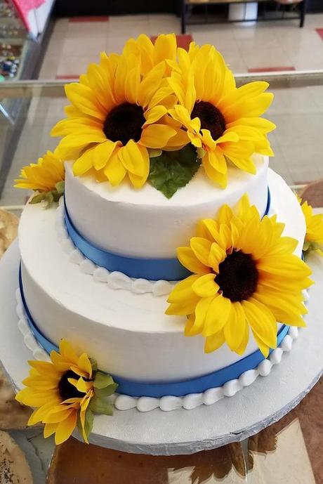 sunflower wedding decor ideas cake with sunflower blue tape summer.w.bailey