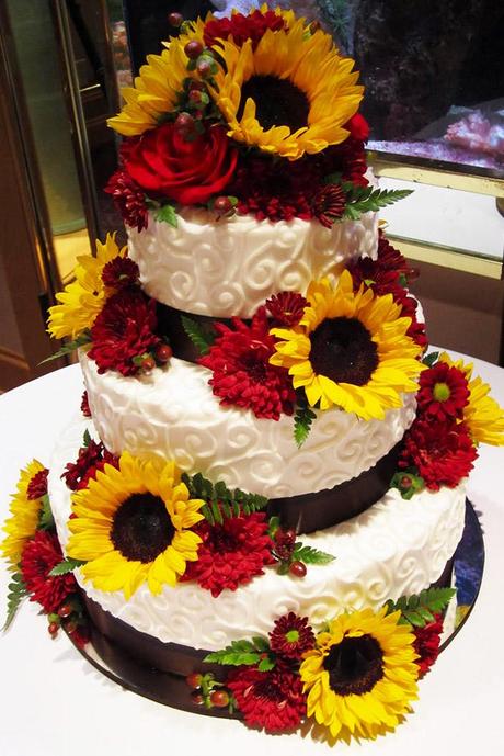 sunflower wedding decor ideas cake with red flower sarahbcakes