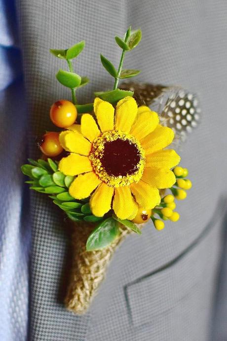 sunflower wedding boutonniere flower on gray groom suit simplyprettywedding
