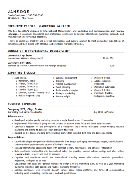 Free and premium plans s. Marketing Manager Resume Example - International Management