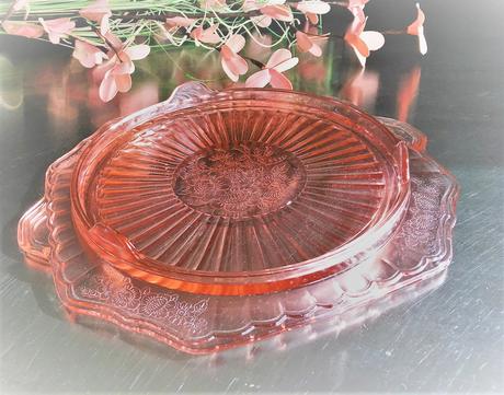 Please see the zip code checker page. Pink Depression Glass Cake Plate - Hocking Mayfair Pink