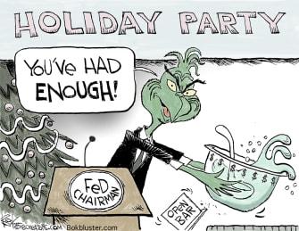 Political cartoon U.S. Grinch Jerome Powell Federal Reserve 