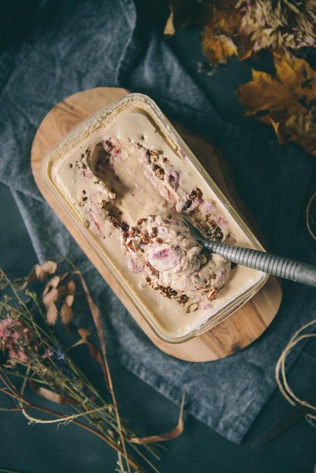 Brown Butter Ice Cream, Candied Pecans & A Cranberry Wine Sauce Swirl