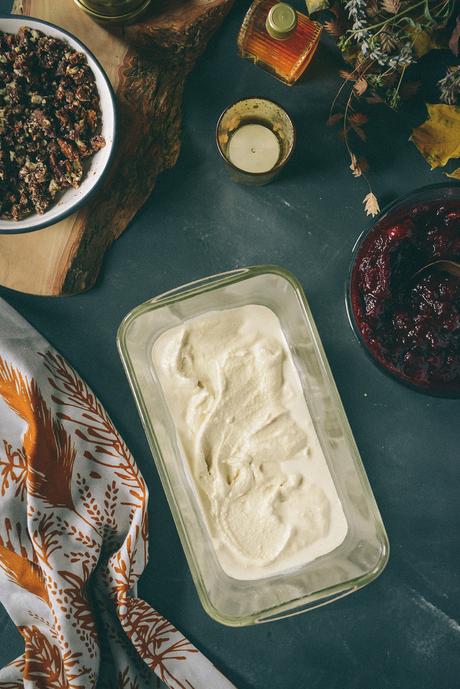 Brown Butter Ice Cream, Candied Pecans & A Cranberry Wine Sauce Swirl