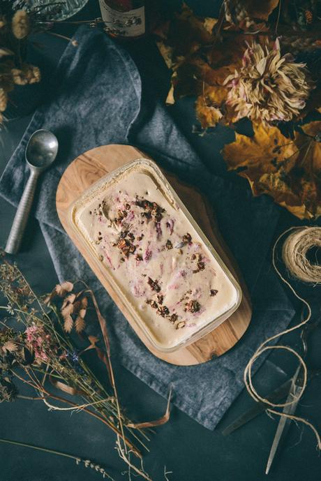 Brown Butter Ice Cream, Candied Pecans & A Cranberry Wine Sauce Swirl