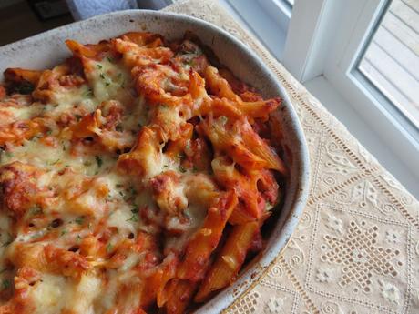 Baked Pasta with Spicy Tomato and Sausage Sauce