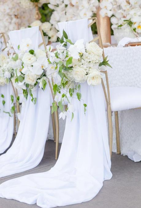 simply chic wedding flower decor idea white chairs decor elizabethannedesigns