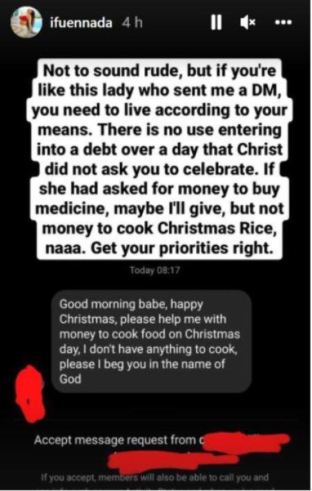 How BBNaija Star, Ifu Ennada Reacted After A Follower Begged Her For Money To Cook On Christmas Day How BBNaija Star, Ifu Ennada Reacted After A Follower Begged Her For Money To Cook On Christmas Day