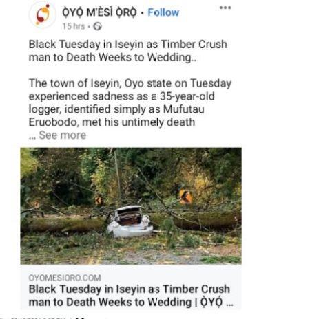 35-year-old Man Crushed To Death By Timber Weeks To His Wedding In Oyo