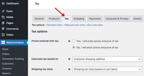 WooCommerce Tax tab under settings