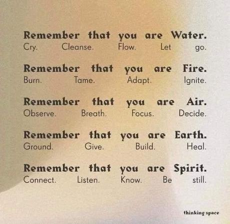 May be an image of text that says 'Remember that you Cry. Cleanse. Flow. are Water. Let go. Remember that Burn. Tame. you are Adapt. Fire. Ignite. Remember that Observe. Breath. you are Air. Focus. Decide. Remember that Ground. Give. you are Build. Earth. Heal. Remember that you are Spirit. Connect. Listen. Know. Be still. thinking space'