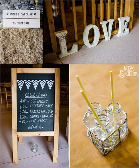 Farm house wedding details with yellow paper straws and hay bales