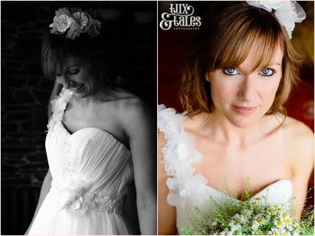 Portrait of a bride holding a bouquet of gypsophelia and daisies