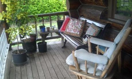 This is where I did morning stretching -- on the cabin porch overlooking the field. 