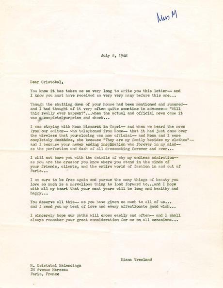 Letter to M. Cristobal Balenciaga, July 8, 1968. © Grace Mirabella