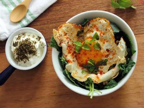 Baby Greens and Pear Bowl with Za'atar, Yogurt, and Fried Egg