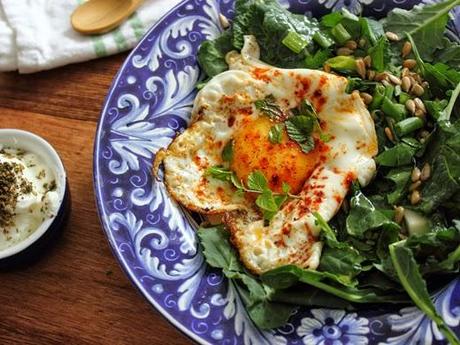 Baby Greens and Pear Bowl with Za'atar, Yogurt, and Fried Egg