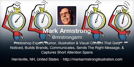New Twitter profile header for Mark Armstrong Illustration featuring short attention span stopwatch heads