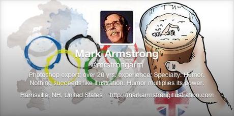 Old Twitter profile header for Mark Armstrong Illustration, featuring beer glass Olympic rings on bar tribute to 2012 Olympics Games in London