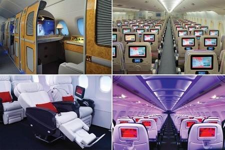 Emirates and Virgin Clockwise: Emirates First Class, Emirates Economy Cabin, Virgin America Main Cabin, Virgin America First Class.  