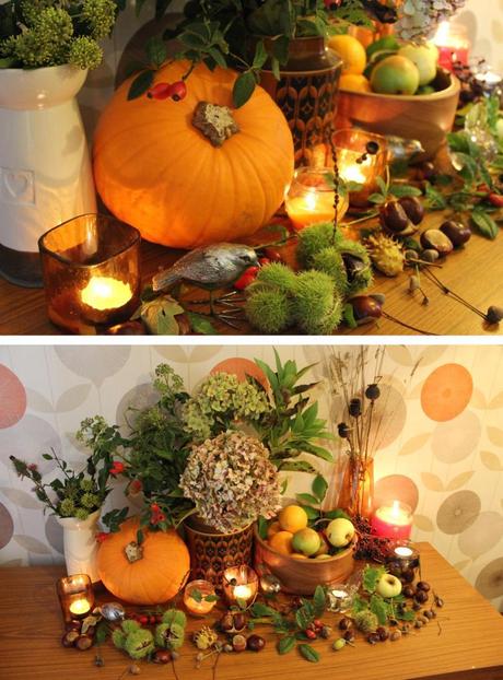 harvest floral arrangment table display orange pumpkin retro living room