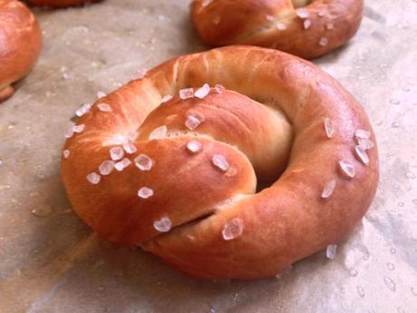 freshly baked salted pretzel browned chewy outside rock salt flakes
