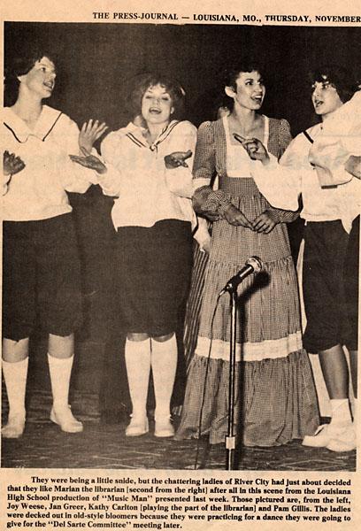 Newspaper clipping of four girls performing in The Music Man, a high school musical production