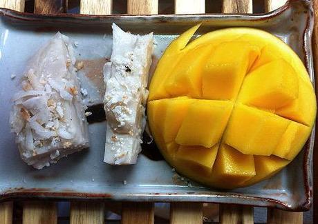 haupia slices with fresh mango
