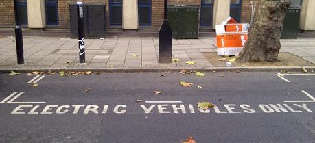 Electric vehicles only parking lot in London.
