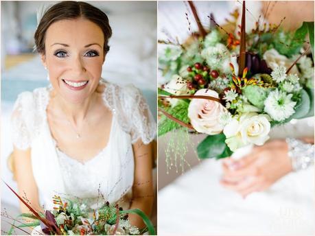 Barmbyfield Barn Wedding bouquet with autumn colours and feathers