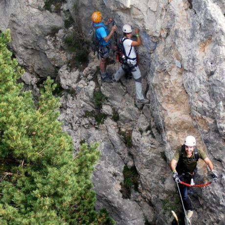 This via ferrata involves balancing on a steel cable. 