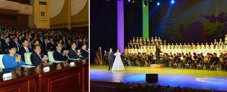 Mongolian President Tsakhiagiin Elbegdorj and his wife watch a concert given in his honor by the elite Mansudae Art Troupe at the East Pyongyang Grand Theater on 28 October 2013 (Photos: Rodong Sinmun).