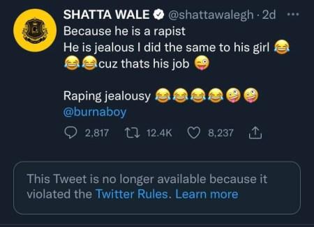 Twitter Removes Shatta Wale’s Tweet Where He Seemingly Admitted To ‘Engaging In R*pe’