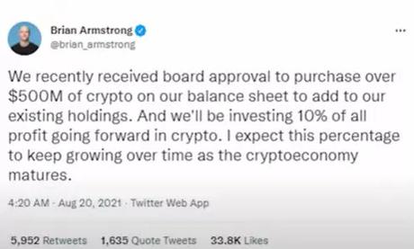Coinbase's founder and CEO, Brian Armstrong, recently tweeted