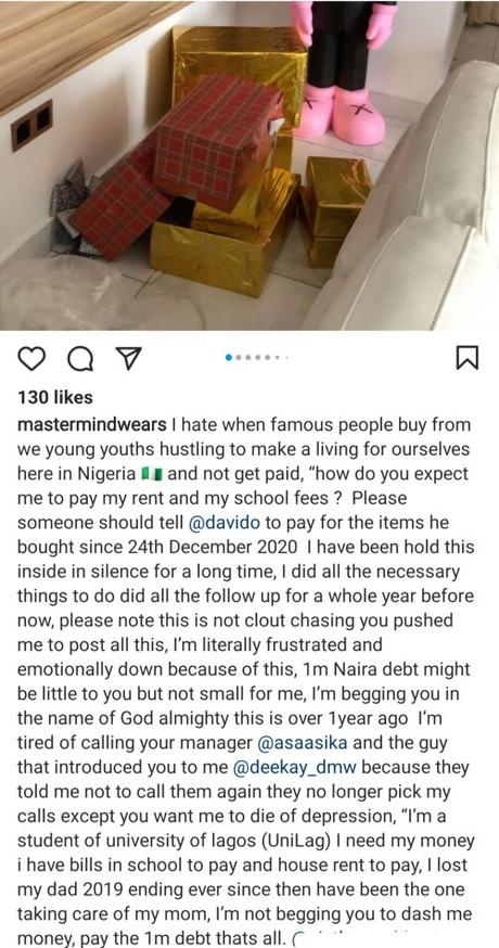 UNILAG Student Accuses Davido of Refusing to Pay N1m for a Stuffed Dummy He Bought From Him Since 2020 (Photo)