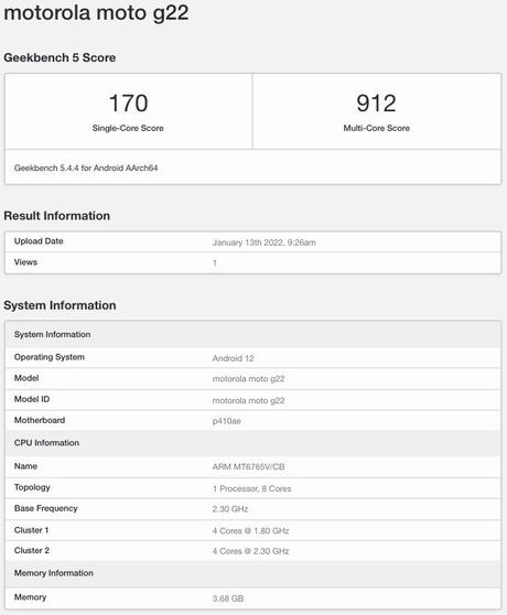 Moto G22 spotted on Geekbench, key specifications revealed ahead of launch