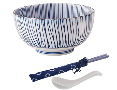 Zen Table Japan Blue Stripe Multi-Purpose Donburi Bowl with Chopsticks and Soup Spoon