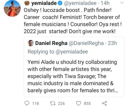 How Yemi Alade Responded After A Follower Advised Her To Collaborate With Other Female Nigerian Artistes