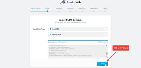 hit continue after rnkmath imported yoast settings