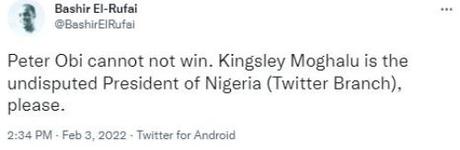 2023: Peter Obi Cannot Win, Kingsley Moghalu Is The Undisputed President Of Nigeria (Twitter Branch)