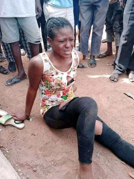 Young Lady Caught After Stealing Wrappers In Benue. Her Hair Shaved With Razor (Photos)